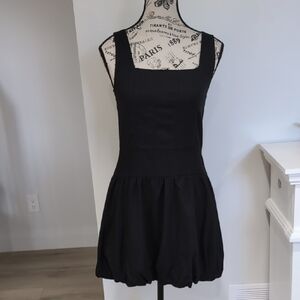 MONTEAU | Women's Black Linen Blend Square Neck Bubble Bottom Mini Dress NWOT